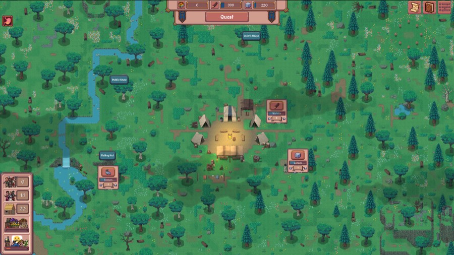The opening camp: tents around a campfire with Chief's House, Public House and Fishing Hut markers nearby