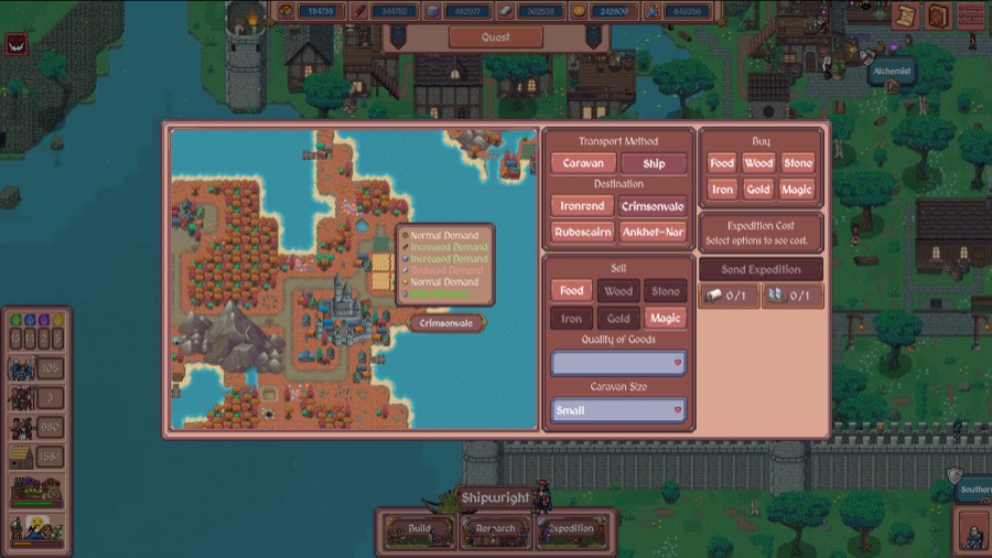 The expedition screen showing caravan and ship transport, four destinations and per-resource demand levels